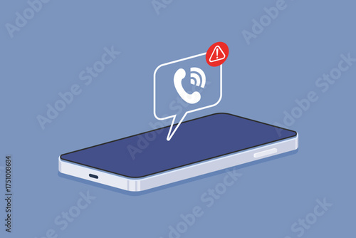 Smartphone receiving a suspicious or scam phone call notification, with an alert icon, illustrating mobile security risks and communication fraud. Vector illustration
