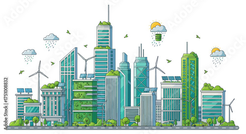 Sustainable green city skyline with wind turbines and solar panels.
