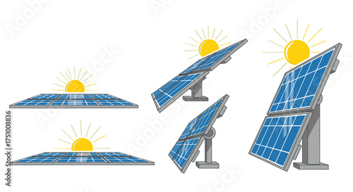 Various Solar Panels with Sun Icons Illustrating Renewable Energy Technology.