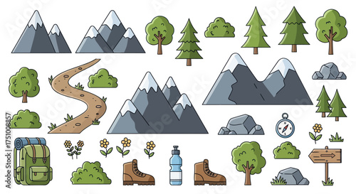 A colorful collection of hand-drawn hiking camping and mountain nature icons for outdoor adventure.