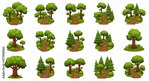 Cartoon Forest Islands with Trees Bushes and Paths for Game Design.