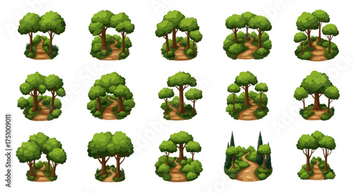 Cartoon Forest Patches with Green Trees and Brown Paths.