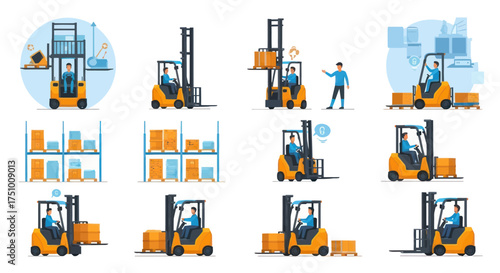 Yellow Forklift Trucks in Various Warehouse Operations.