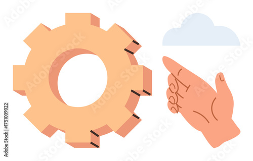 Hand gesturing towards orange gear, symbolizing teamwork, process management, and efficiency. Ideal for workflow, productivity, innovation, guidance, business strategy teamwork simple flat metaphor