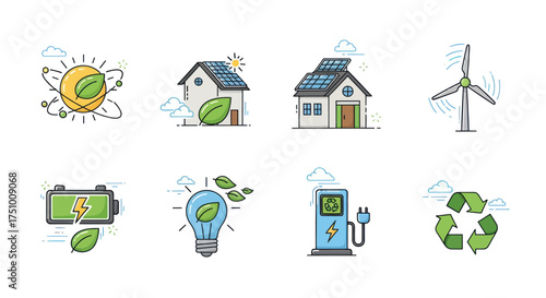 Collection of eco-friendly energy and sustainability icons.