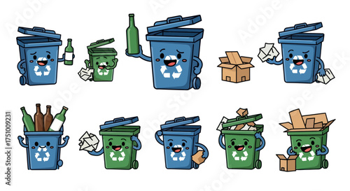 Cute Cartoon Recycling Bins Sorting Waste for Environmental Protection.