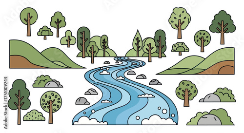 River Landscape with Trees and Hills Vector Illustration.