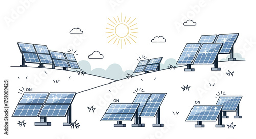 Hand-drawn sketch of solar panels generating renewable energy under the sun.
