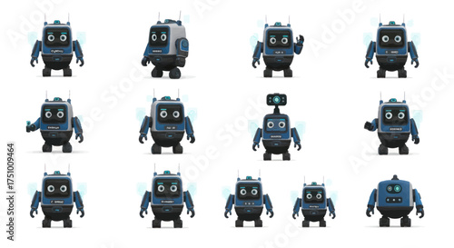 A collection of twelve cute dark blue 3D cartoon robots with glowing eyes in various poses and expressions.