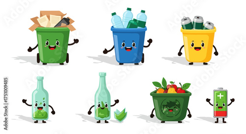Adorable anthropomorphic recycling bins and containers with smiling faces.