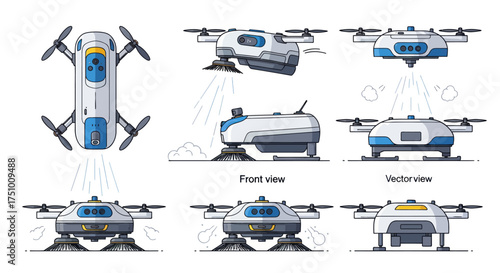 Detailed Illustrations of a Modern White and Blue Drone in Various Views.
