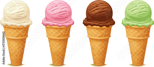 Realistic ice cream cones with vanilla, strawberry, chocolate, and mint flavors illustration perfect for summer dessert vector food design