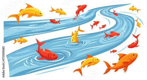 Cartoon Illustration of Swimming Goldfish and Red Fish in River.