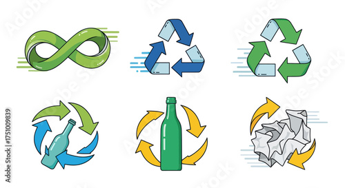 Recycling Symbols Collection: Infinity Triangle Arrows Glass Bottle and Paper.