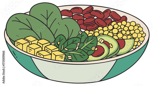 Healthy veggie bowl with avocado, corn, beans, spinach and tofu is a modern and colorful way to promote wholesome eating and wellness concepts
