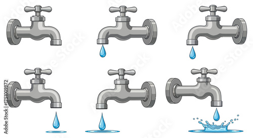 Cartoon Style Silver Water Taps with Dripping Blue Water Droplets.