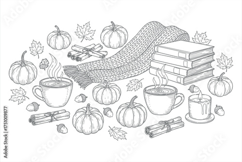 Hand drawn autumn elements pumpkins cinnamon sticks hot drinks and books fall gourds