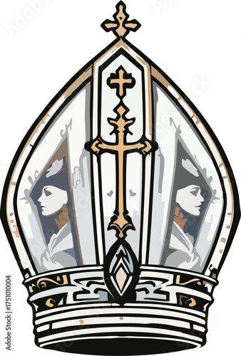 Cathedral Style Bishop Mitre Vector – White and Gold Papal Hat with Ornate Christian Cross and Gothic Window Detail