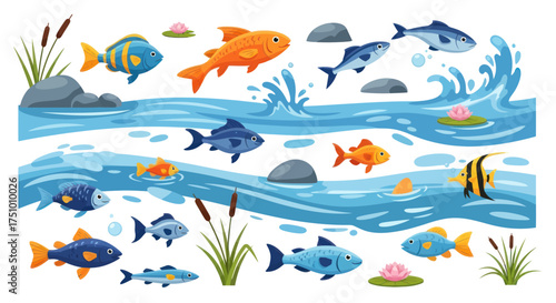 Diverse School of Colorful Fish Swimming in Blue Water with Reeds and Rocks.