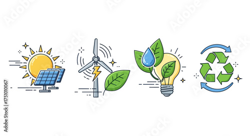 Collection of Icons Representing Renewable Energy and Sustainability Concepts.