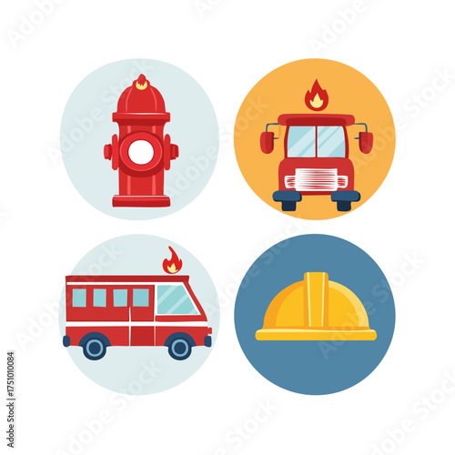 Firefighter Equipment Clipart Set in Round Icon Style