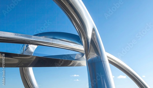 Abstract Metallic Sculpture Against a Clear Blue Sky Showing Reflective Curves and Geometric Shapes in Bright Sunlight