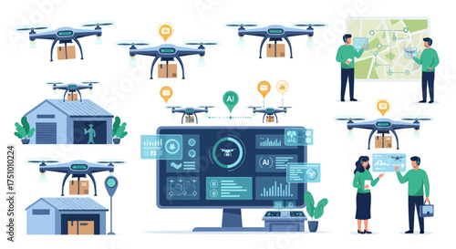 Collection of Drone Delivery Illustrations with People and Data Display.