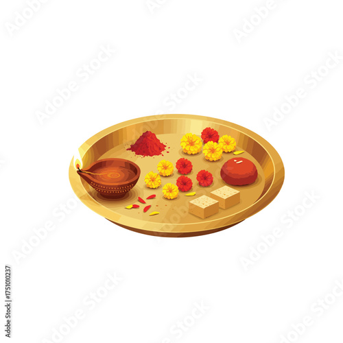 Traditional Deepavali Diwali Puja Thali with Lit Diya, Kumkum, Marigold Flowers, and Indian Sweets for Auspicious Festival Celebration