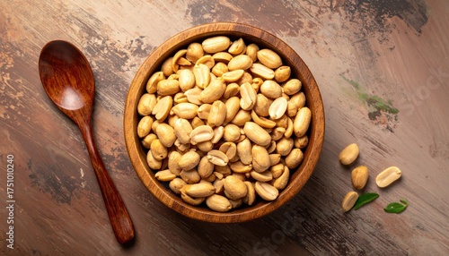 A Wooden Bowl Filled with Roasted Peanuts Sits on a Textured Surface Next to a Wooden Spoon Overhead View of a Healthy Snack Ready to Be Eaten with Natural Lighting