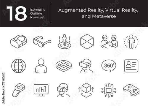 Isometric AR VR and Metaverse Outline Icons Set Minimalist Vector Collection for Immersive Digital Technology Design