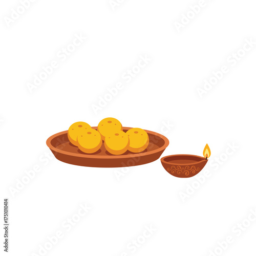 Vibrant Indian Deepavali festival vector illustration featuring traditional Ladoo dessert and illuminated Diya lamp.
