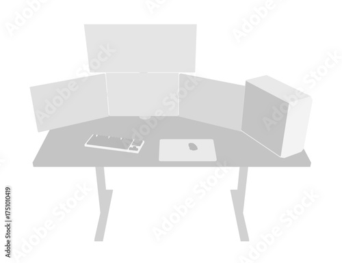 A sleek gaming computer setup with monitors, keyboard, and mouse arranged on an office desk in a striking black and white silhouette.