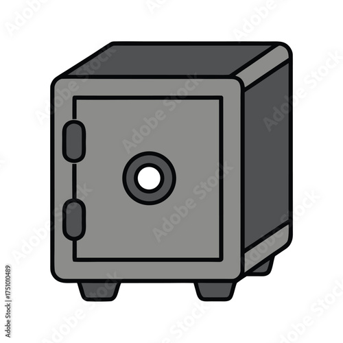 Illustration of a gray safe box with a round lock and a door handle, symbolizing security, protection, and financial savings