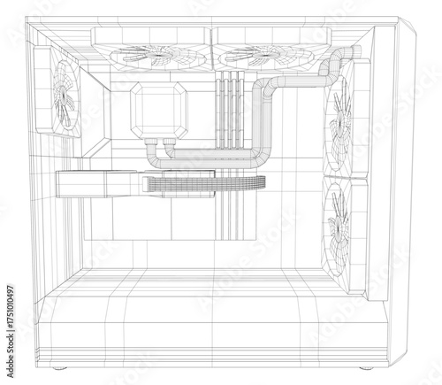 Detailed 3D wireframe blueprint of a gaming computer case interior, showcasing the fan, heatsink, and other internal components.