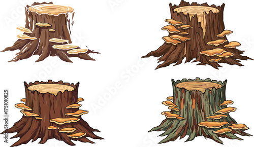 Realistic botanical tree trunk cross section illustration set showing wood rings, foliage, leaves, and berries for natural scientific education design
