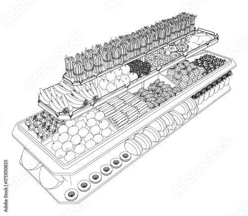 A black and white contour drawing of a grocery display case filled with colorful fruits and vegetables. The shelf is stocked with apples, oranges, bananas, grapes, carrots, peppers, and onions.