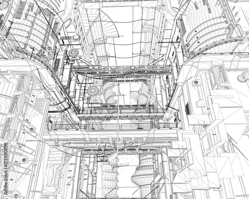 A futuristic city blueprint in black and white wireframe style, featuring a detailed interior view of the massive building with countless windows.