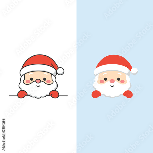 Cute kawaii santa claus peeking cartoon and flat design, vector illustration