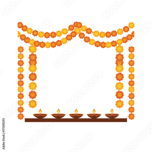Traditional Deepavali Diwali festive decoration frame with glowing oil lamps and colorful marigold garlands