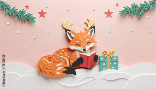 Pastel paper cut, animal paper art for festive Christmas decoration holiday. A whimsical fox reading a book beside a gift, set against a pastel background adorned with stars and greenery.