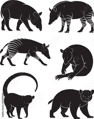 Diverse wild animals in silhouette, jungle creatures collection