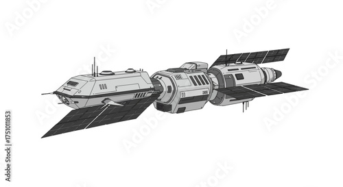 Detailed Illustration of a Modular Space Station with Solar Panels.