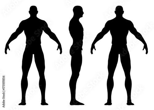 Athletic man in three dynamic silhouette poses against a clean white background. The stark contrast highlights his muscular build and movement.