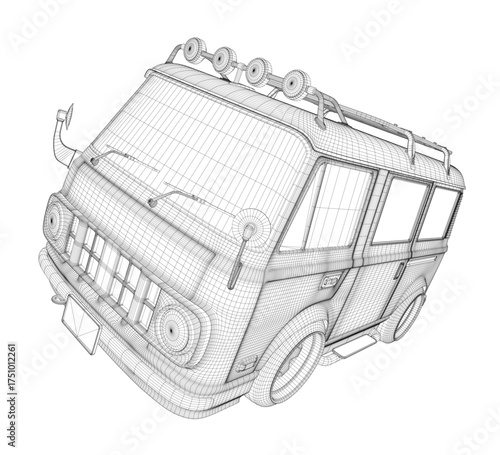Van 3D model featuring a roof rack and wireframe view, isolated on a clean white background. This minibus is perfect for travel and adventure concepts. 3D. Vector illustration