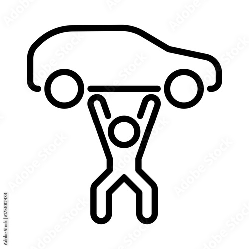 strength clip art icon symbol, car ownership, muscular build, strong man lifting heavy car, isolated line vector illustration