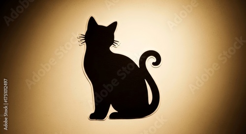 Black cat silhouette cutout against a warm, gradient background. Decorative animal shape for pet lover design or Halloween theme.