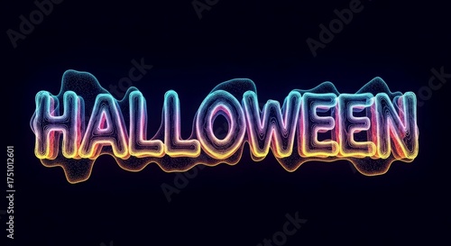 Halloween text with digital particle effect. Neon glowing word for holiday banner, greeting card, party invitation, or poster design.