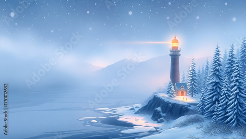 Frozen Forest Coastline with Lighthouse – Moving Fog and Falling Snow