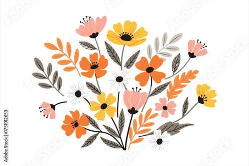Whimsical floral arrangement with orange pink yellow flowers and leaves vector 1