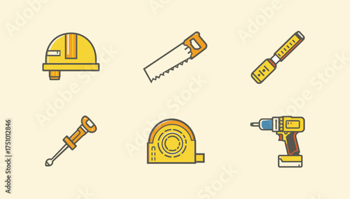 Construction Tools Icon Set: Hard Hat, Hand Saw, Chisel, Screwdriver, Tape Measure, Cordless Drill (Flat Vector)